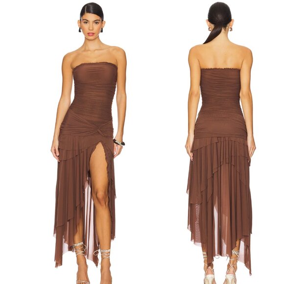 NEW GUIZIO X Revolve Lyla Twist Maxi Midi Dress in Brown Sheer Strapless XS - Picture 2 of 2